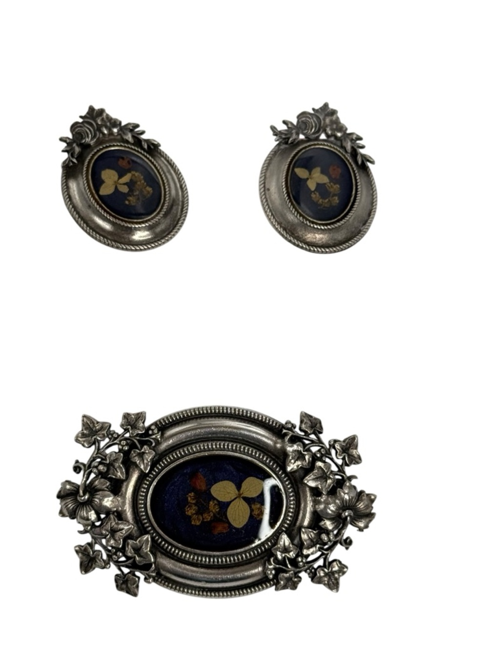 Pierre bex French vintage ornate oval dried floral brooch and clip earring set